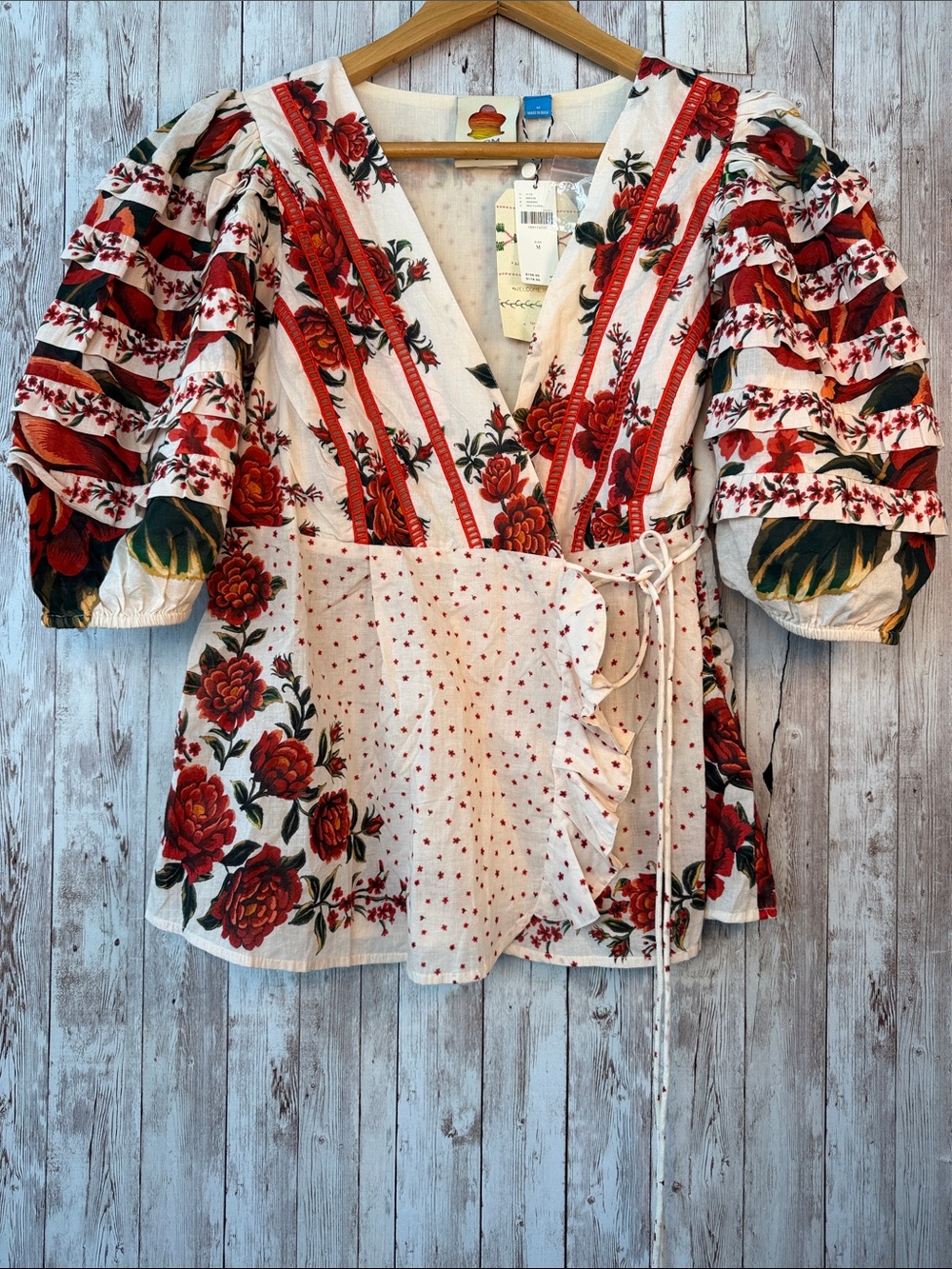 FARM Rio x Anthropologie Wrap Blouse sz Medium Floral Ruffle Cotton Puff Sleeve